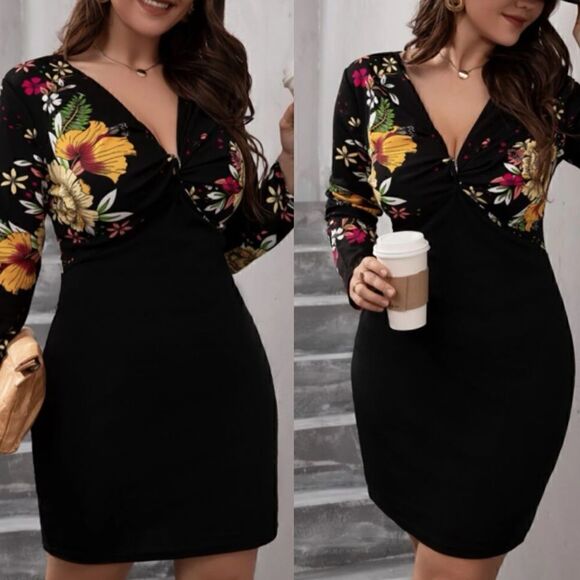 Plus size black floral print twist front dress - Picture 1 of 4